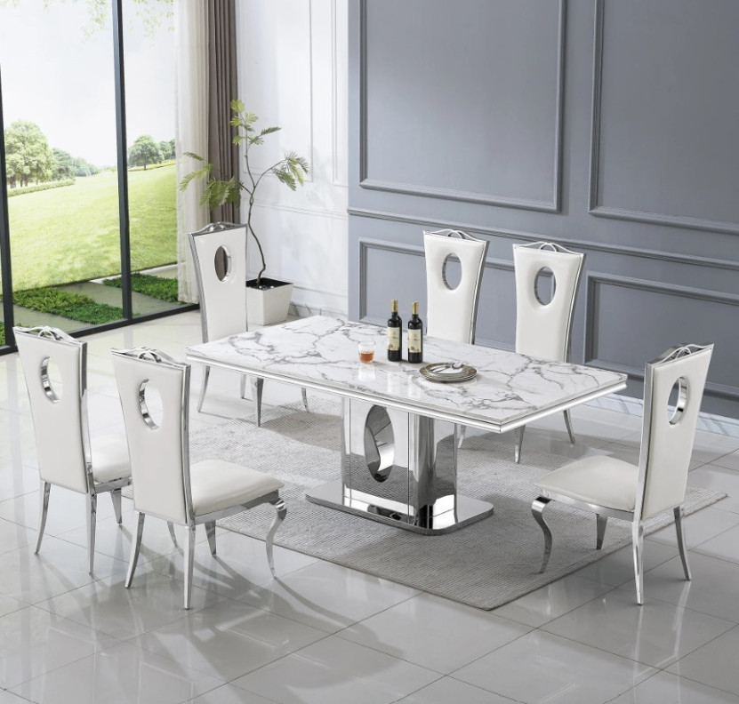 DT318 7PC Dining Set Modern Style White Marble Top Stainless Steel & Silver Finish by Artisan Furniture