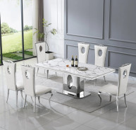 DT318 7PC Dining Set Modern Style White Marble Top Stainless Steel & Silver Finish by Artisan Furniture