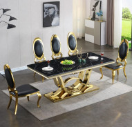 RDT315GMB 7PC Dining Set Modern Style Black Marble Top Stainless Steel Gold Mirrored Finish By Artisan Furniture