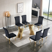 DT031 7PC Dining Set Modern Style Clear Tempered Glass Stainless Steel  Gold Finish by Artisan Furniture