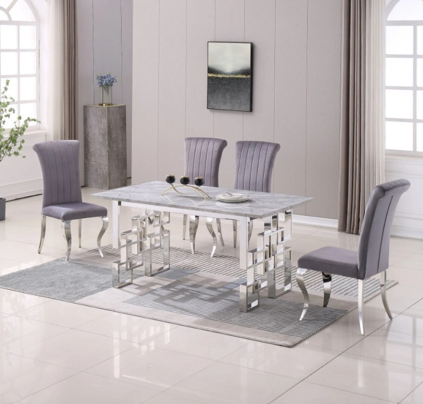 RDT213SMG Dining Set Modern Style Grey Marble Top Stainless Steel Silver Finish by Artisan Furniture