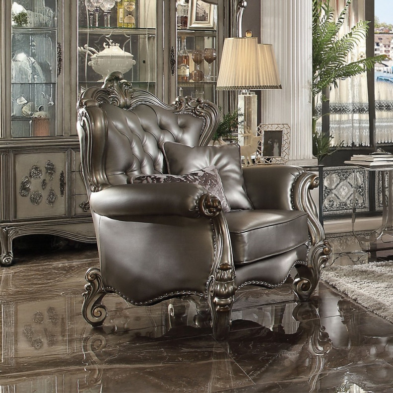 56822 Silver PU & Platinum Finish Accent Chair Versailles Collection By Acme Furniture