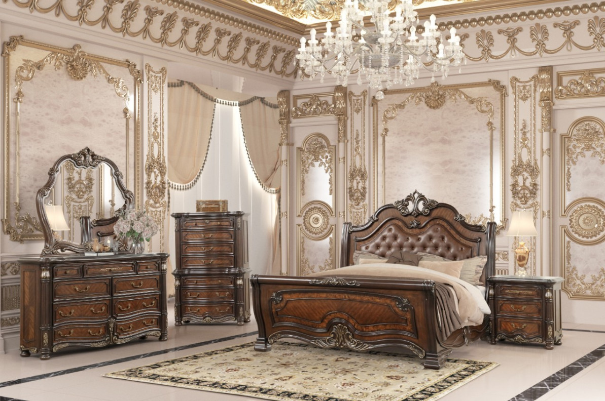 Bella Notte Royal Collection 5 PC Queen Sleigh Bed Set Mahogany Brown Finish By New Classic Furniture