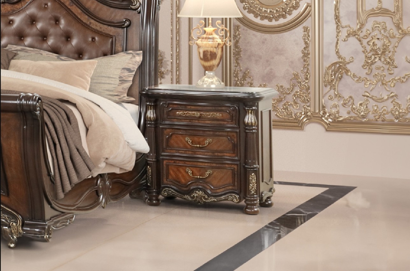 Bella Notte Royal Collection 5 PC Queen Sleigh Bed Set Mahogany Brown Finish By New Classic Furniture