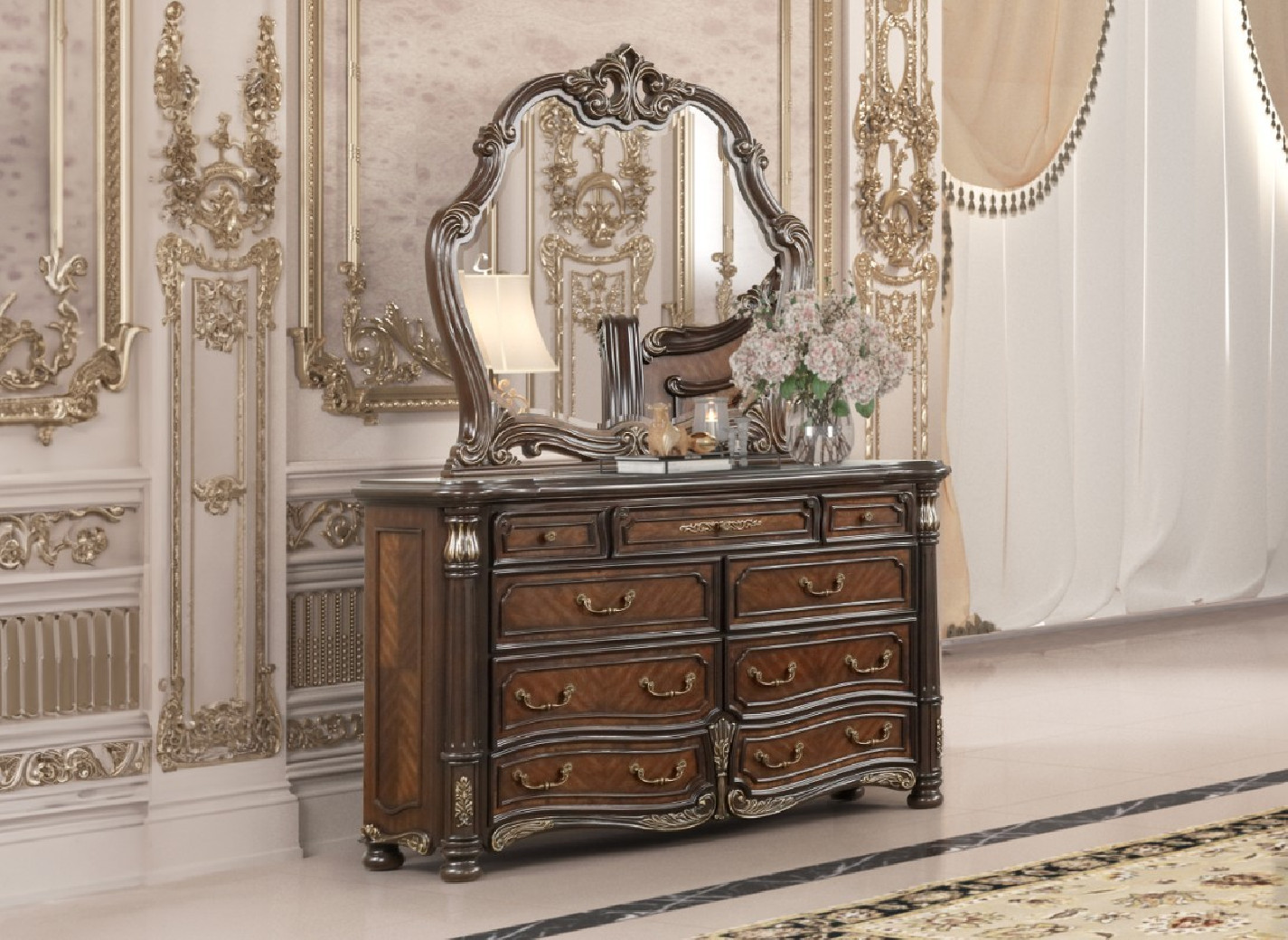 Bella Notte Royal Collection 5 PC Queen Sleigh Bed Set Mahogany Brown Finish By New Classic Furniture