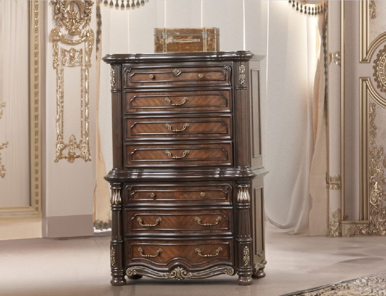 Bella Notte Royal Collection 5 PC Queen Sleigh Bed Set Mahogany Brown Finish By New Classic Furniture