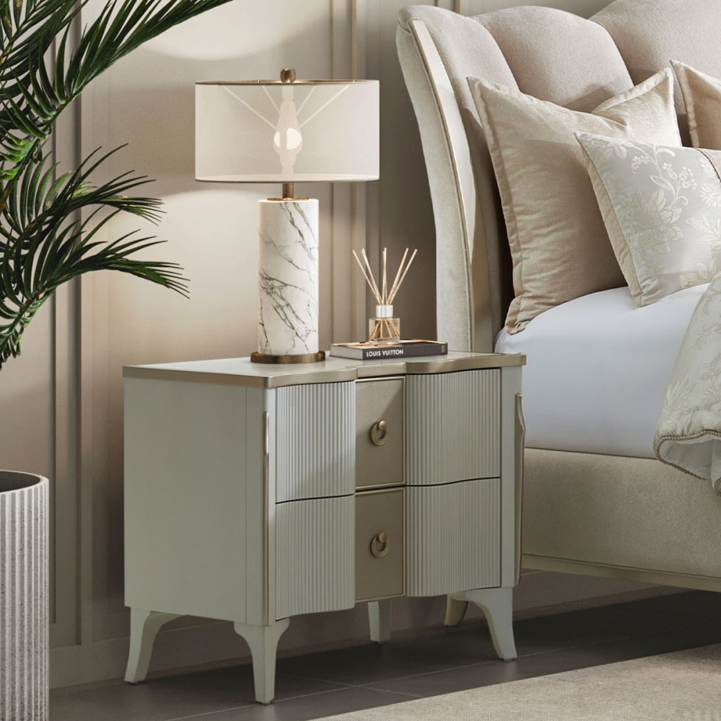 Queen Upholstered Bed Creamy Pearl Finish La Marisia Collection by Michael Amini 9089000QN3-112