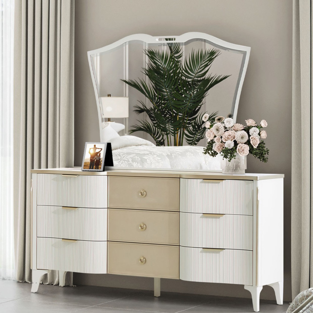 Queen Upholstered Bed Creamy Pearl Finish La Marisia Collection by Michael Amini 9089000QN3-112