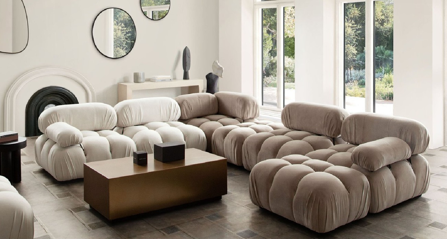 Paloma Collection 7PC Sectional Modern & Clean Design in light cream & Tan Velvet By Diamond Sofa