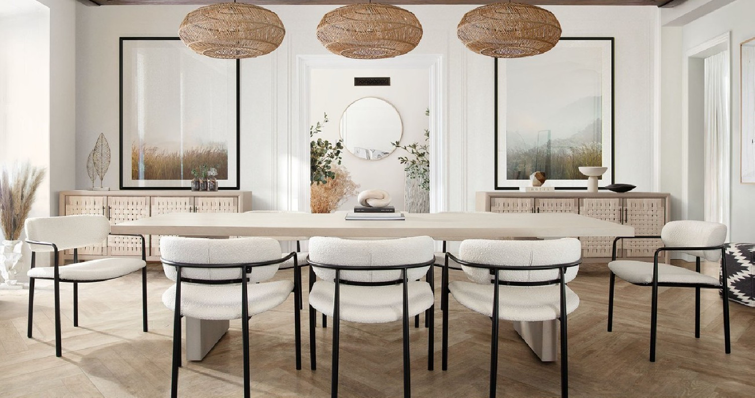 7PC Sonoma Light Natural Dining Table 110" - Ivory Boucle Skyler Chairs By Diamond Sofa