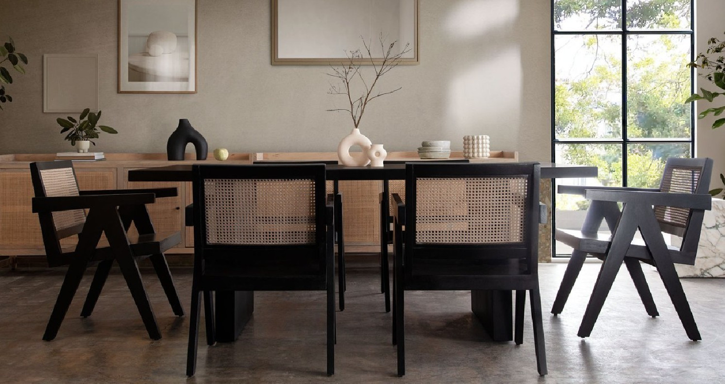 7PC Sonoma Black Solid Mango Wood Dining Table 110" - Black Cane Carter Chairs By Diamond Sofa