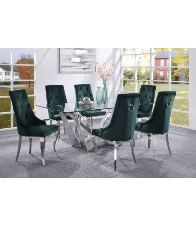 70140 7PC Dining Set Contemporary Style Metal Base Green Upholstery by Acme Furniture
