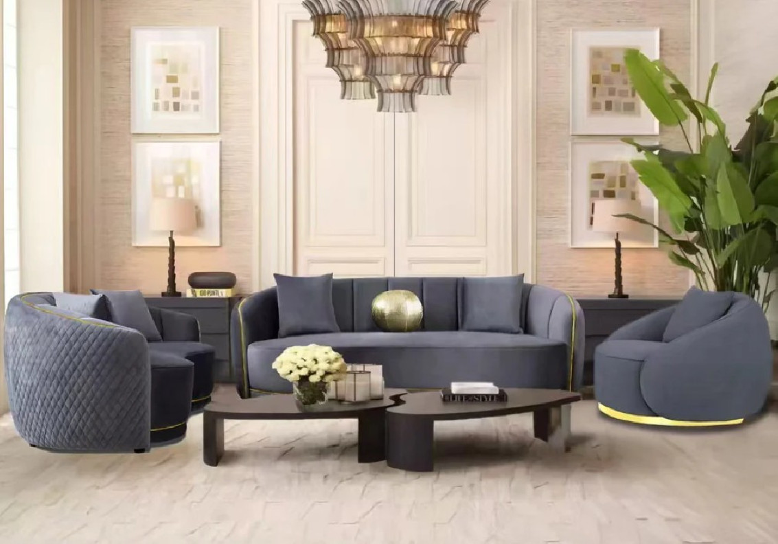 SF338 Contemporary Style 2PC Sofa & Loveseat Gray Fabric with Gold Trim By McFerran Furnishings