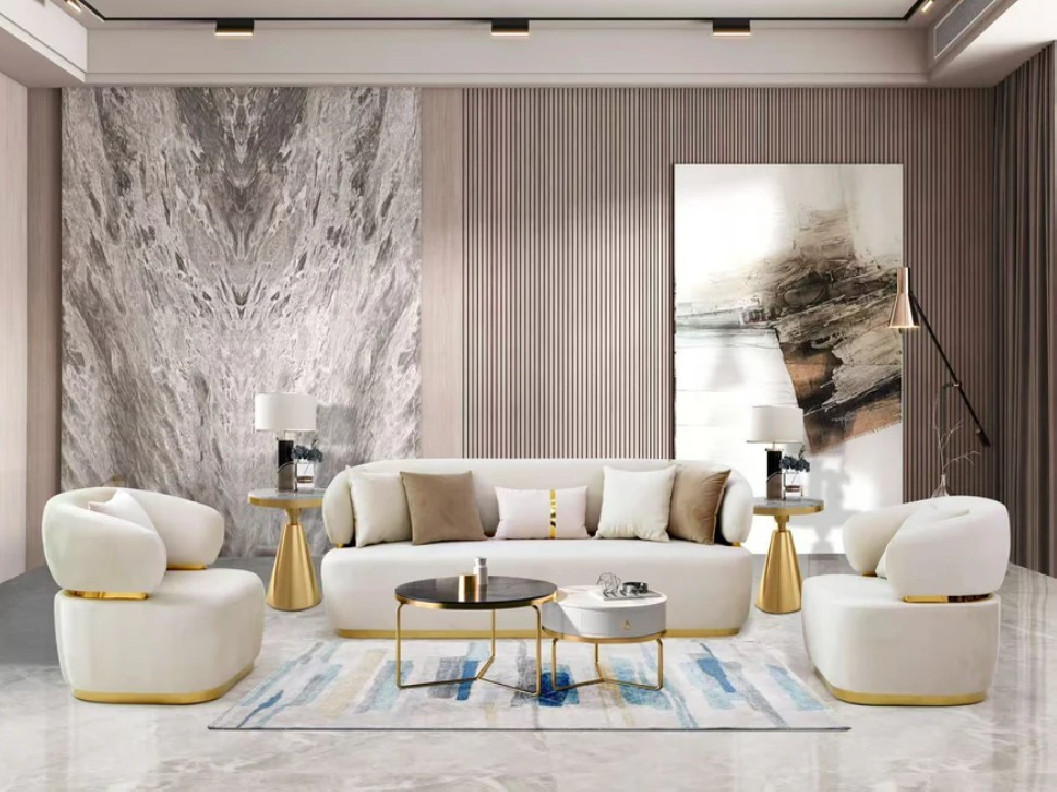 SF588 2PC Sofa & Loveseat White Fabric with Gold Trim Contemporary Style By McFerran Furnishings