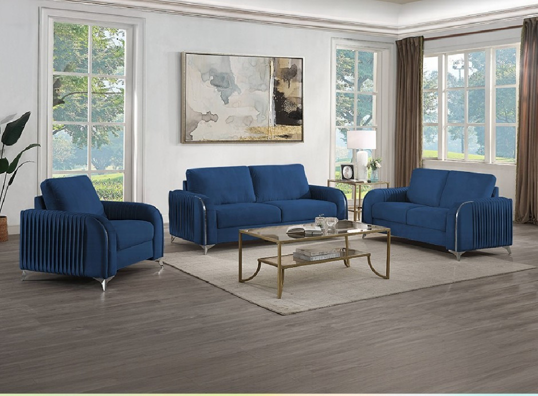LV01774 2PC Sofa & Loveseat Blue Velvet Contemporary Style Wenona Collection By Acme Furniture