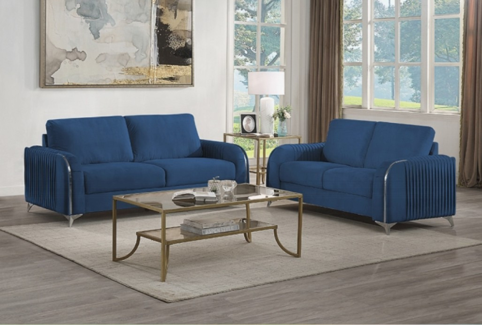 LV01774 2PC Sofa & Loveseat Blue Velvet Contemporary Style Wenona Collection By Acme Furniture