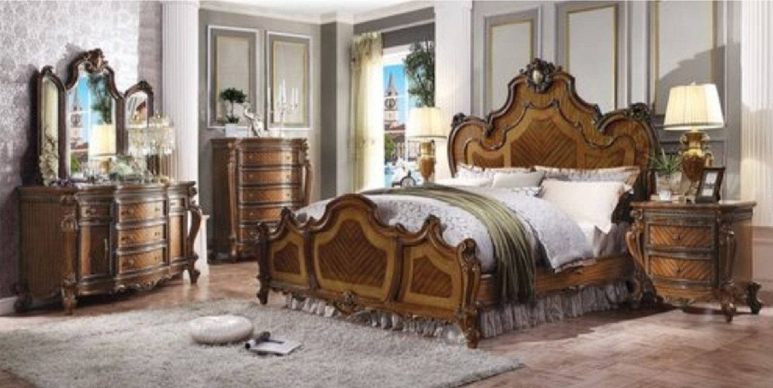 BD01353 EKing Size Bed Set Honey Oak Finish Picardy Collection by Acme Furniture