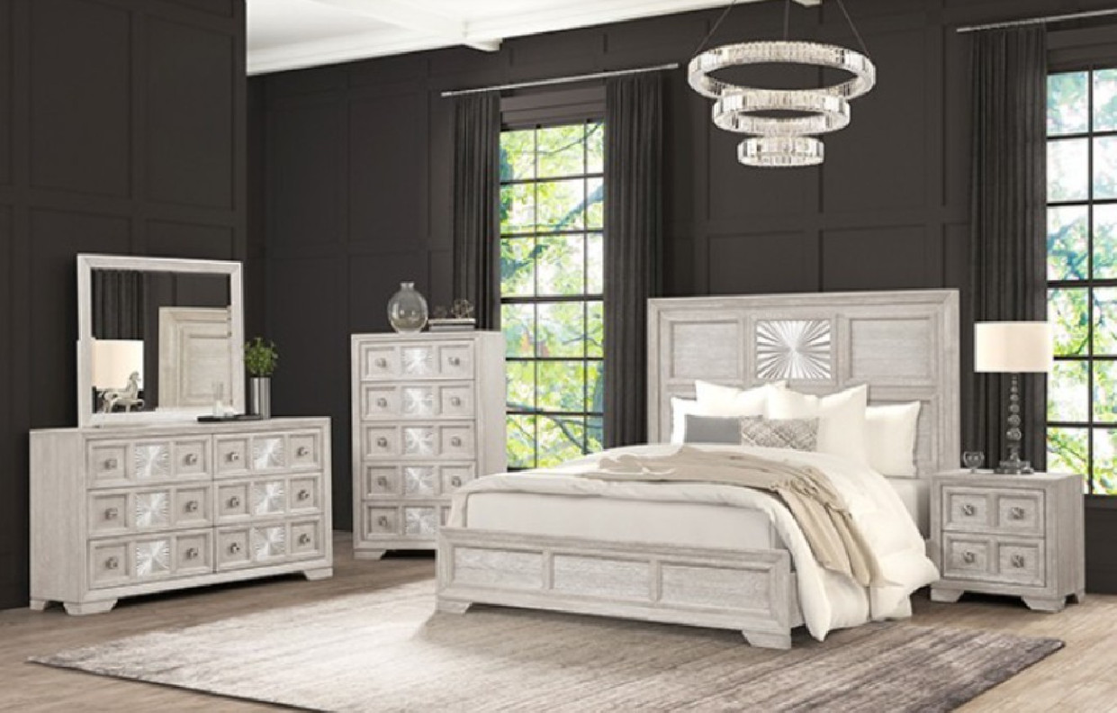 FM7368GY 5PC Queen Bedroom Set Transitional Style LIght Gray Finish Argenthart Collection By Furniture of America