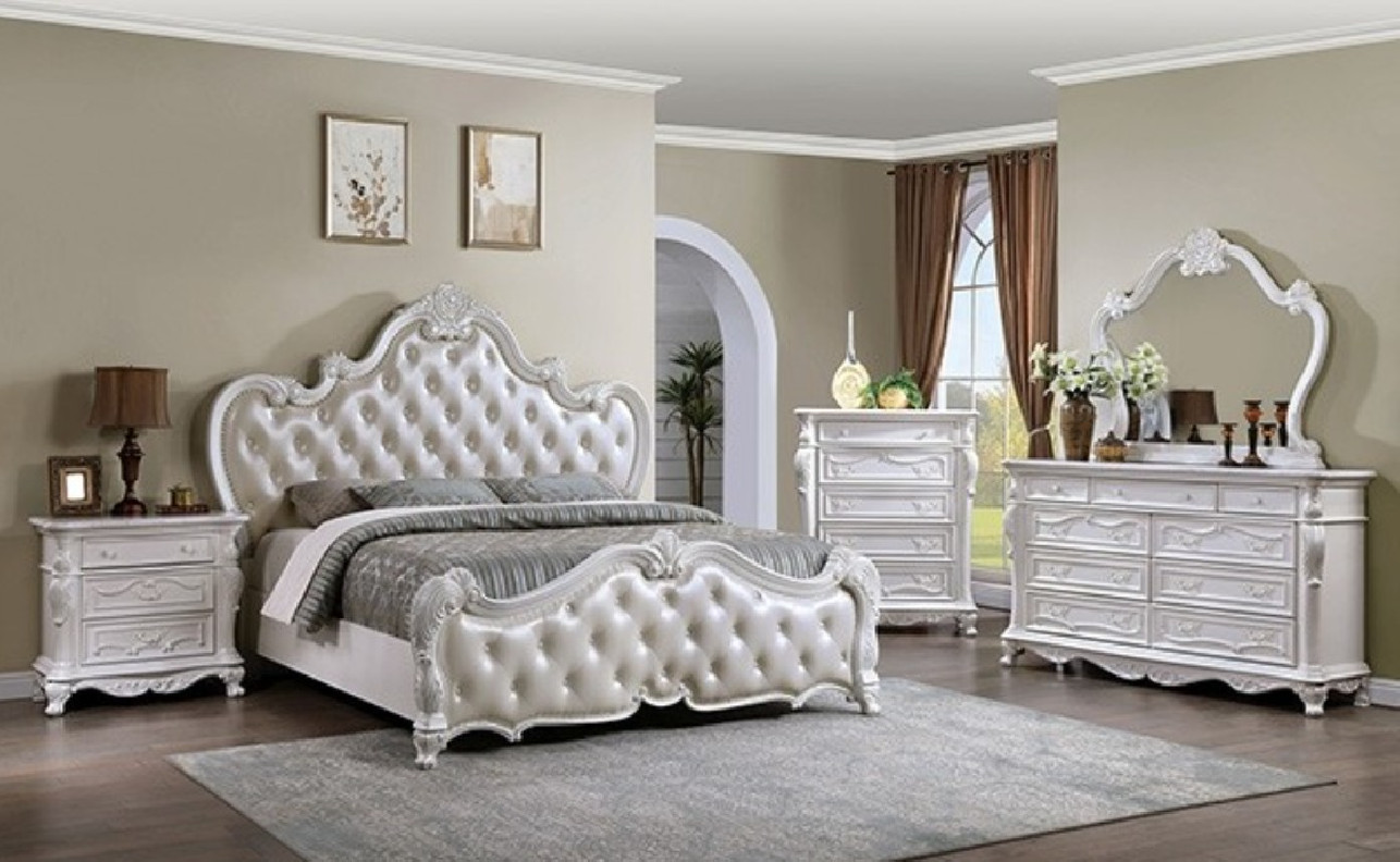 FM7635WH 5PC Queen Bedroom Set Traditional Style White Finish Ventresca Collection by Furniture of America