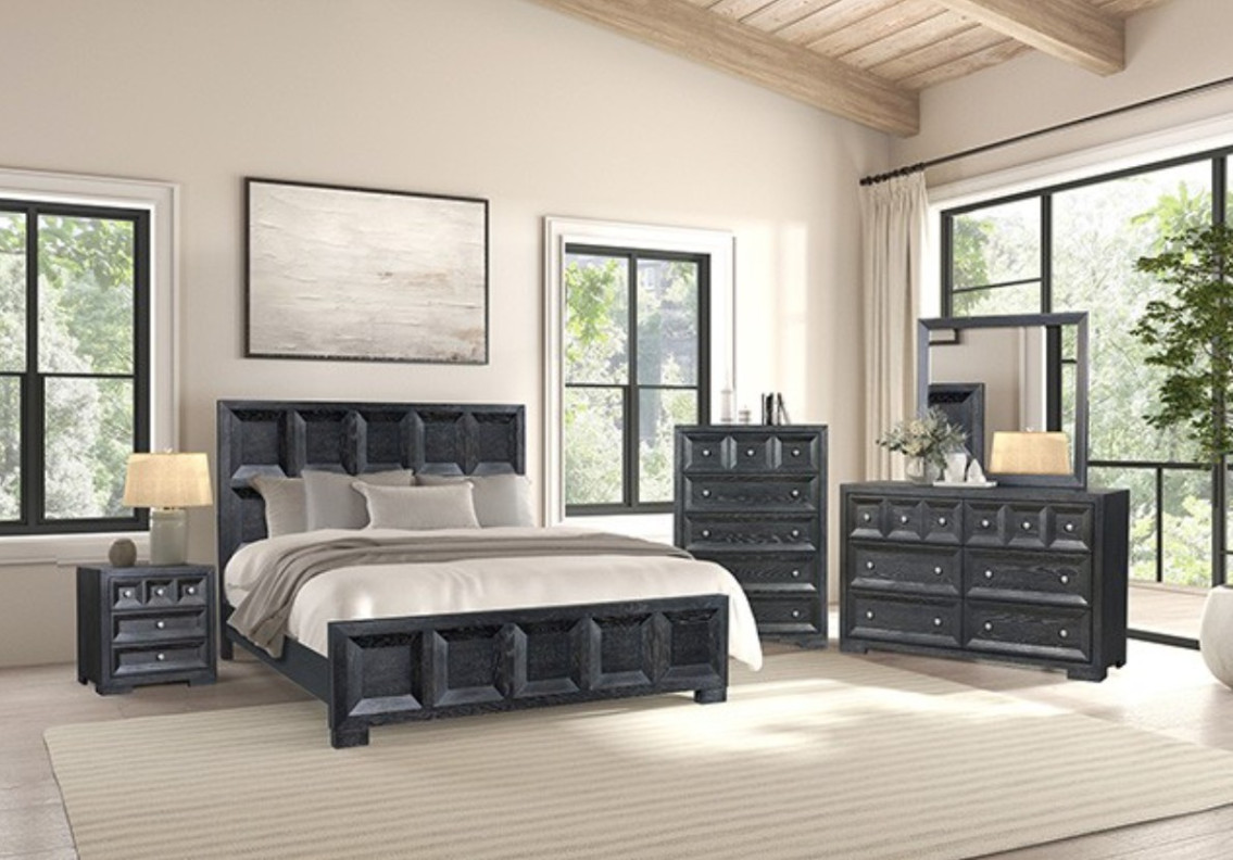 FM79011BK 5PC Queen Bedroom Set Modern Classic Style Weathered Black Finish Hatton Cross Collection by Furniture of America