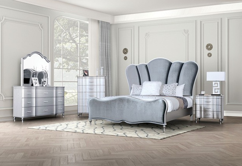 FM7416SV 5PC Queen Bedroom Set Silver Finish Melodi Parc Collection Glam Style By Furniture of America