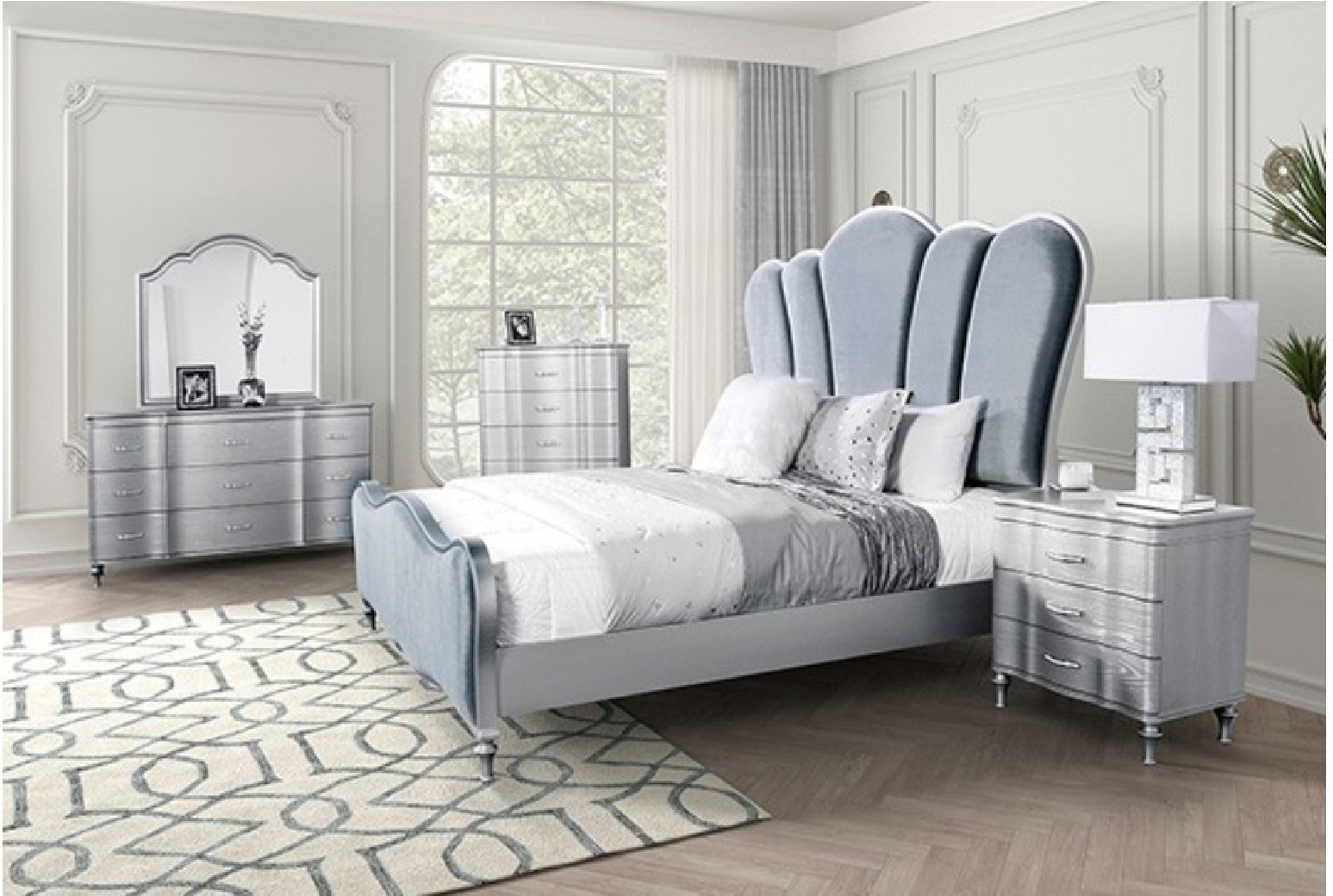 FM7416SV 5PC Queen Bedroom Set Silver Finish Melodi Parc Collection Glam Style By Furniture of America