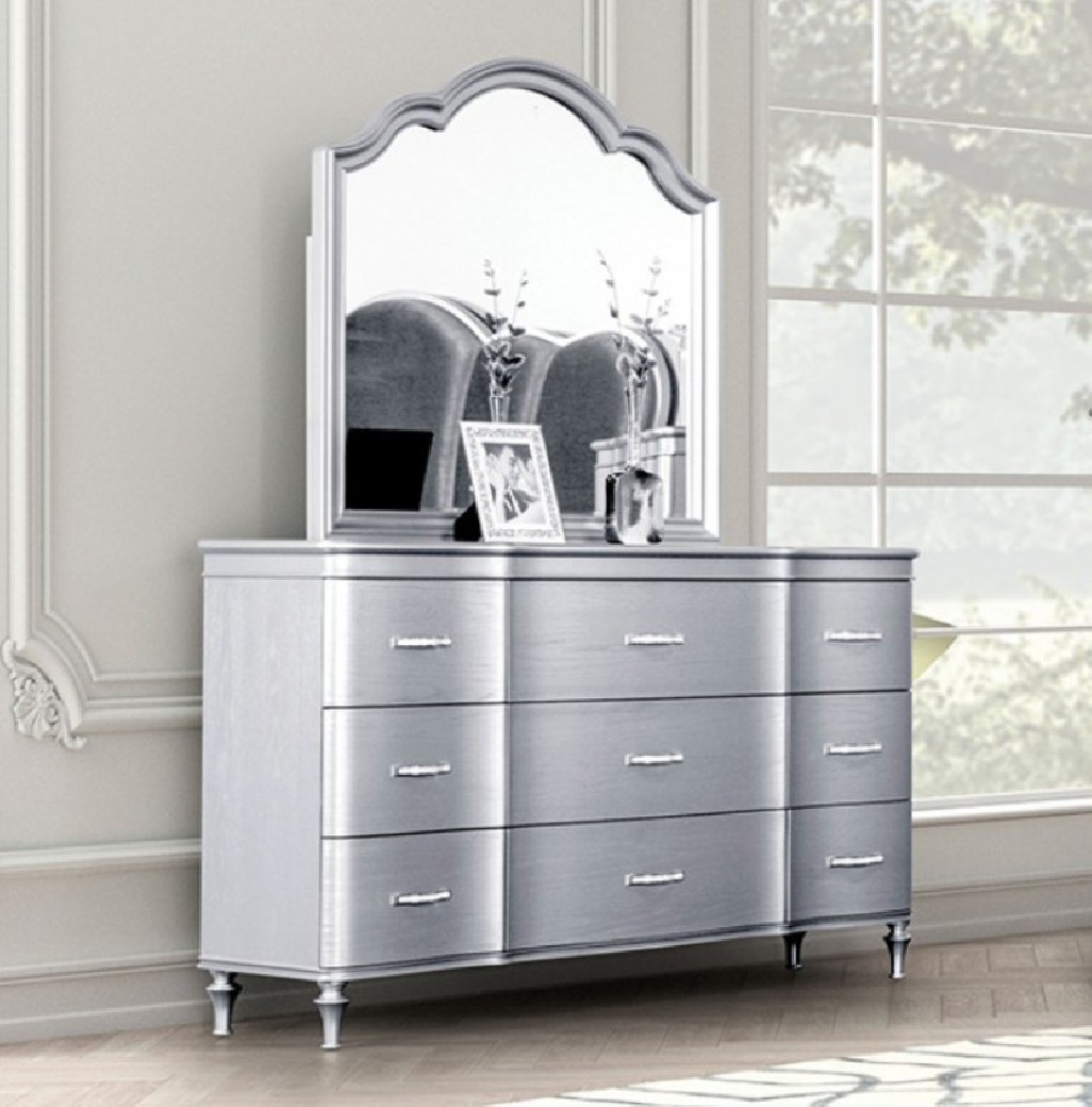FM7416SV 5PC Queen Bedroom Set Silver Finish Melodi Parc Collection Glam Style By Furniture of America