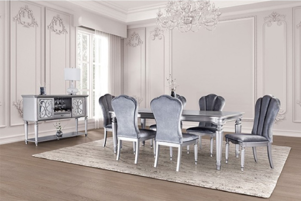 FM3416SV-T 7PC Dining Set Silver Finish Melodi Parc Collection By Furniture of America