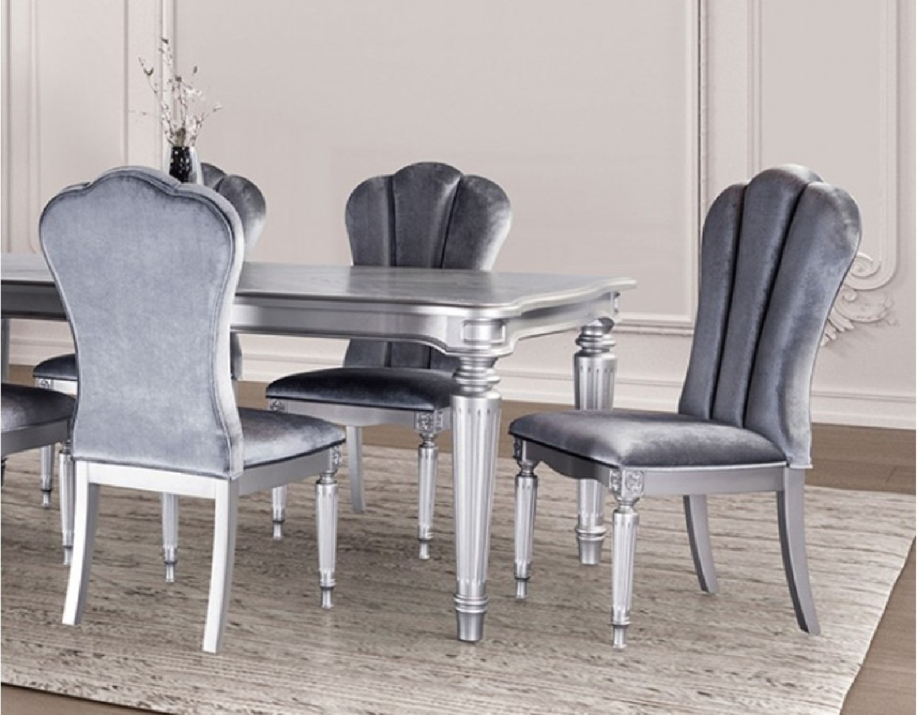 FM3416SV-T 7PC Dining Set Silver Finish Melodi Parc Collection By Furniture of America