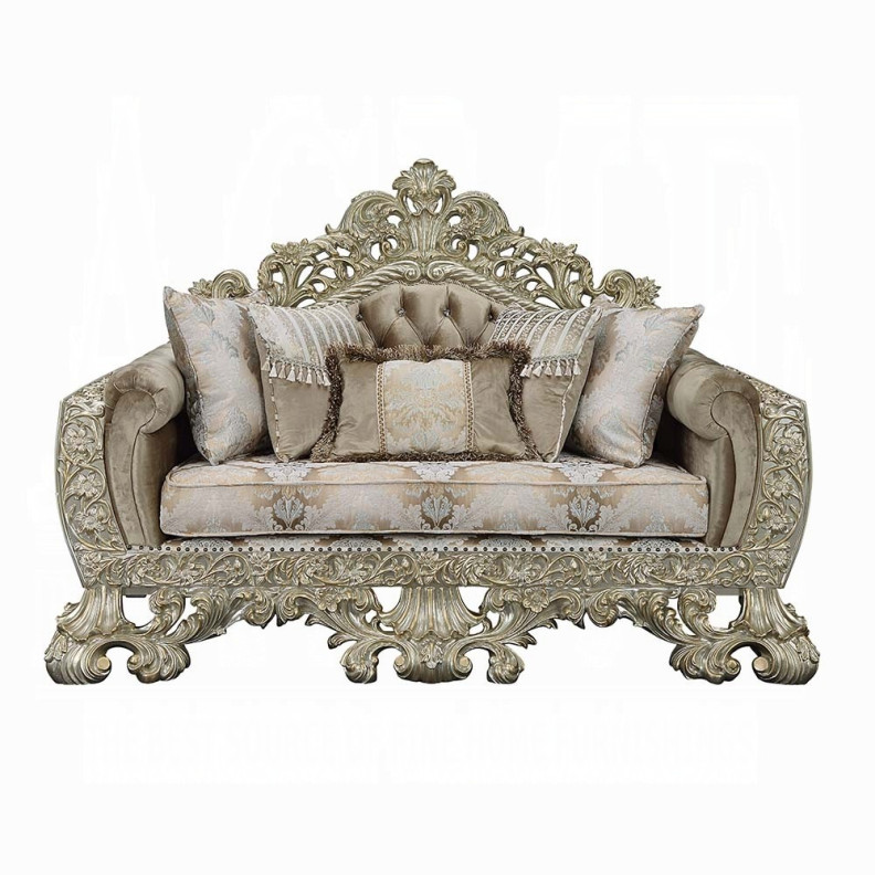 LV01206 Loveseat W/5 Pillows  Velvet, Fabric & Antique Gold Finish Sorina Collection By Acme Furniture