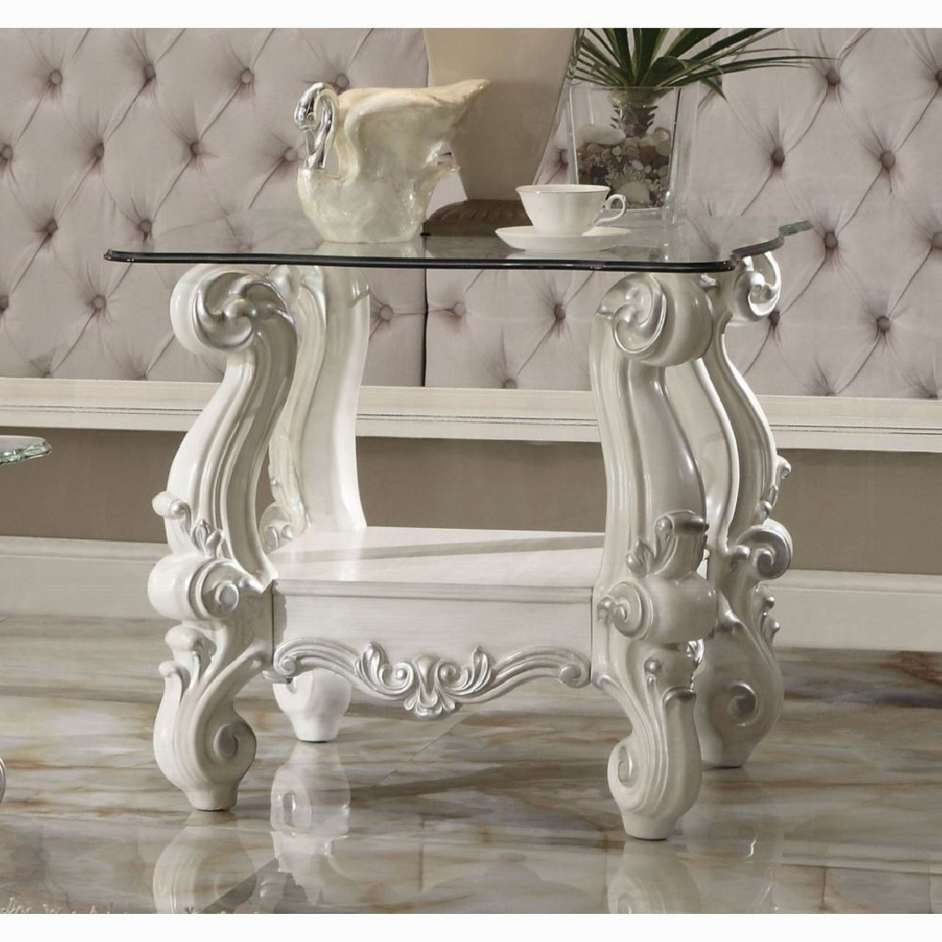 82085 Bone White Finish Occasional Tables Clear Glass Versailles Collection By Acme Furniture
