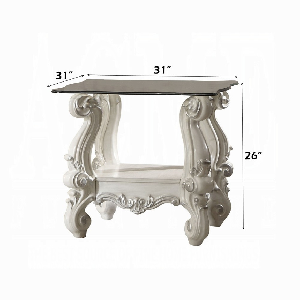 82085 Bone White Finish Occasional Tables Clear Glass Versailles Collection By Acme Furniture