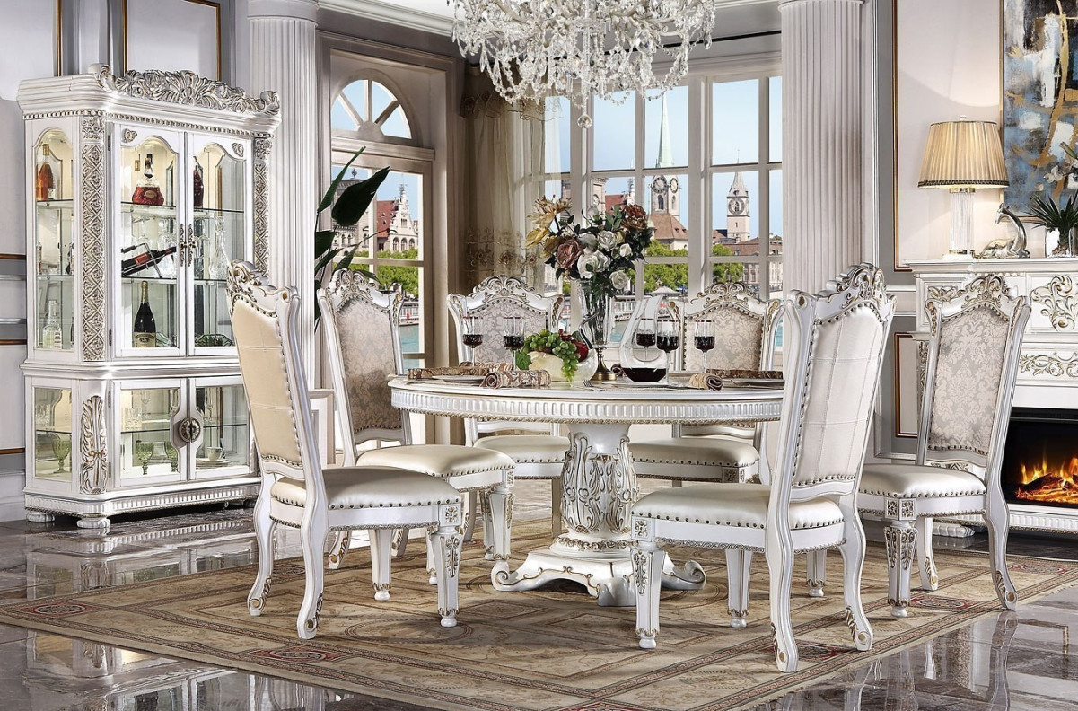 DN01524 Vendome Round Dining Table W/Pedestal Base Vendome Antique Pearl Collection By Acme Furniture