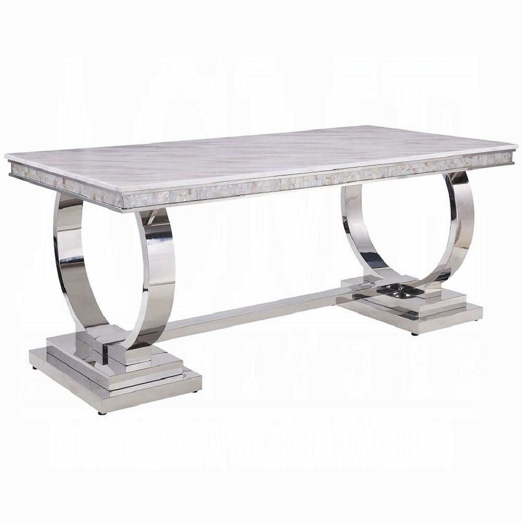 68250 7PC Dining Set Gray Fabric, White Printed Faux Marble & Mirrored Silver Finish Contemporary Style By Acme Furniture