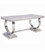 68250 7PC Dining Set Gray Fabric, White Printed Faux Marble & Mirrored Silver Finish Contemporary Style By Acme Furniture