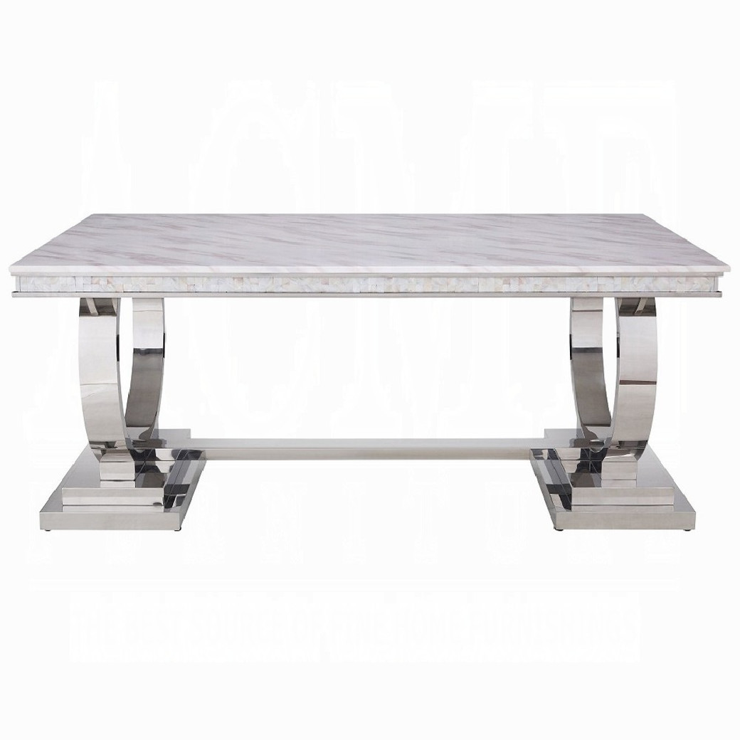 68250 7PC Dining Set Gray Fabric, White Printed Faux Marble & Mirrored Silver Finish Contemporary Style By Acme Furniture
