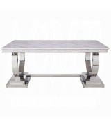 68250 7PC Dining Set Gray Fabric, White Printed Faux Marble & Mirrored Silver Finish Contemporary Style By Acme Furniture