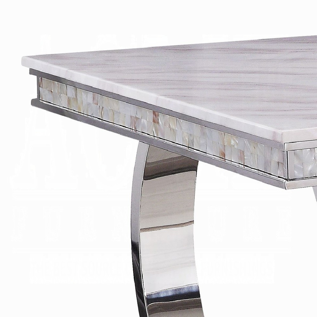 68250 7PC Dining Set Gray Fabric, White Printed Faux Marble & Mirrored Silver Finish Contemporary Style By Acme Furniture