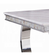 68250 7PC Dining Set Gray Fabric, White Printed Faux Marble & Mirrored Silver Finish Contemporary Style By Acme Furniture
