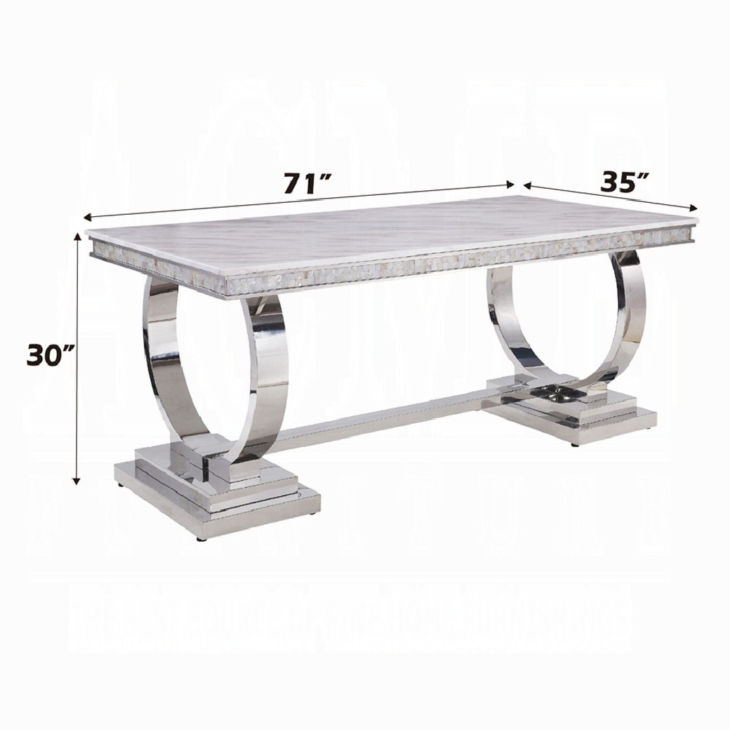 68250 7PC Dining Set Gray Fabric, White Printed Faux Marble & Mirrored Silver Finish Contemporary Style By Acme Furniture