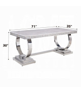 68250 7PC Dining Set Gray Fabric, White Printed Faux Marble & Mirrored Silver Finish Contemporary Style By Acme Furniture
