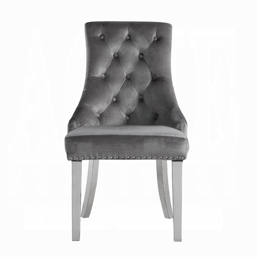 68250 7PC Dining Set Gray Fabric, White Printed Faux Marble & Mirrored Silver Finish Contemporary Style By Acme Furniture