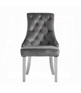 68250 7PC Dining Set Gray Fabric, White Printed Faux Marble & Mirrored Silver Finish Contemporary Style By Acme Furniture