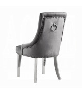 68250 7PC Dining Set Gray Fabric, White Printed Faux Marble & Mirrored Silver Finish Contemporary Style By Acme Furniture
