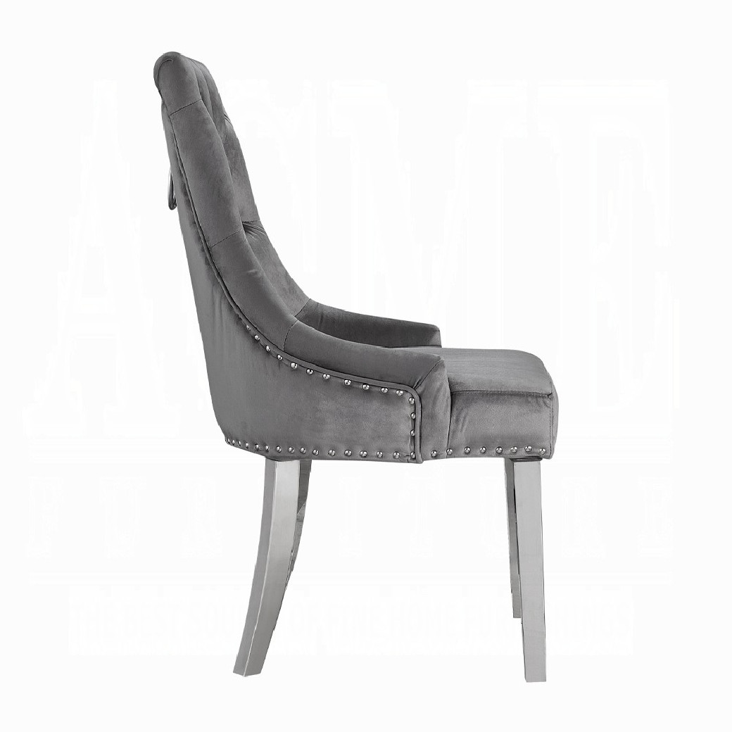 68250 7PC Dining Set Gray Fabric, White Printed Faux Marble & Mirrored Silver Finish Contemporary Style By Acme Furniture