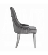 68250 7PC Dining Set Gray Fabric, White Printed Faux Marble & Mirrored Silver Finish Contemporary Style By Acme Furniture