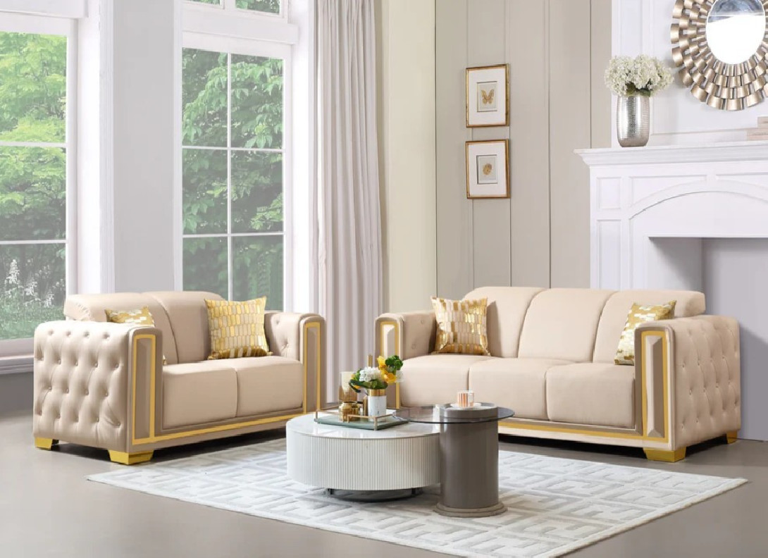 SF3001 2PC Sofa & Loveseat cream leather like fabric tufted arms gold trim by McFerran Home Furnishings