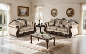 SM6450 2PC Sofa & Loveseat Traditional Style Light Brown/Dark Cherry By Furniture of America