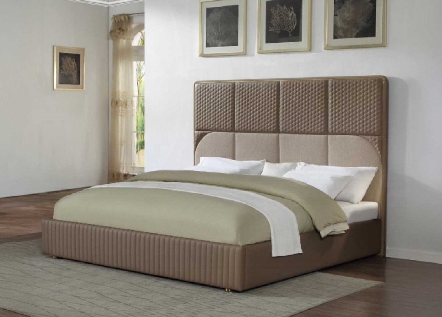 BD20031EK Marcelino Eastern King Bed  Brown & Beige Microfiber Leather & Glossy Wood Grain By Acme Furniture