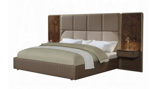 BD20031EK Marcelino Eastern King Bed  Brown & Beige Microfiber Leather & Glossy Wood Grain By Acme Furniture